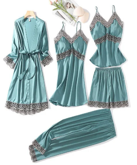Ensemble Pyjama Femme 5 Pièces Grande Taille — Style Européen, Printemps-Automne