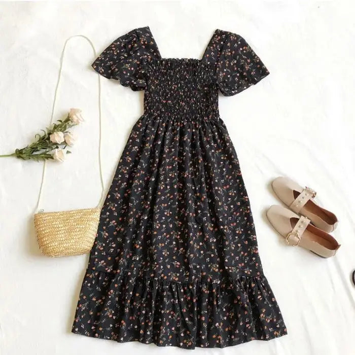 Robe Mini Femme Fleurie Plissée 2025 — Manches Courtes, Dos Nu, Décontractée