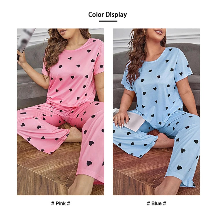 Pyjama Femme Grande Taille Imprimé Cœur — 2 Pièces Manches Courtes & Pantalon, Doux