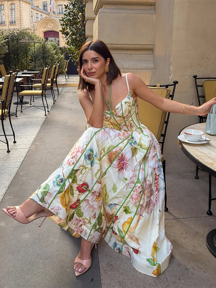 Robe Maxi Halter Corset Imprimé Floral 2026 — Sans Manches, Ligne A, Soirée Élégante