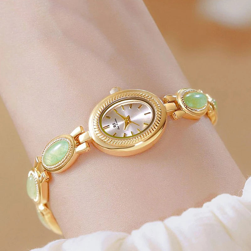 Montre Femme Luxe Strass Ovale — Bracelet Doré, Quartz, Top Marque 2025