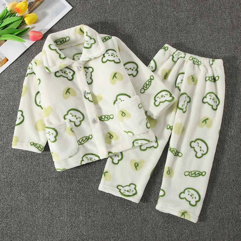 Pyjama Enfant Polaire Cartoon — Manches Longues, Chaud Hiver, Garçon & Fille