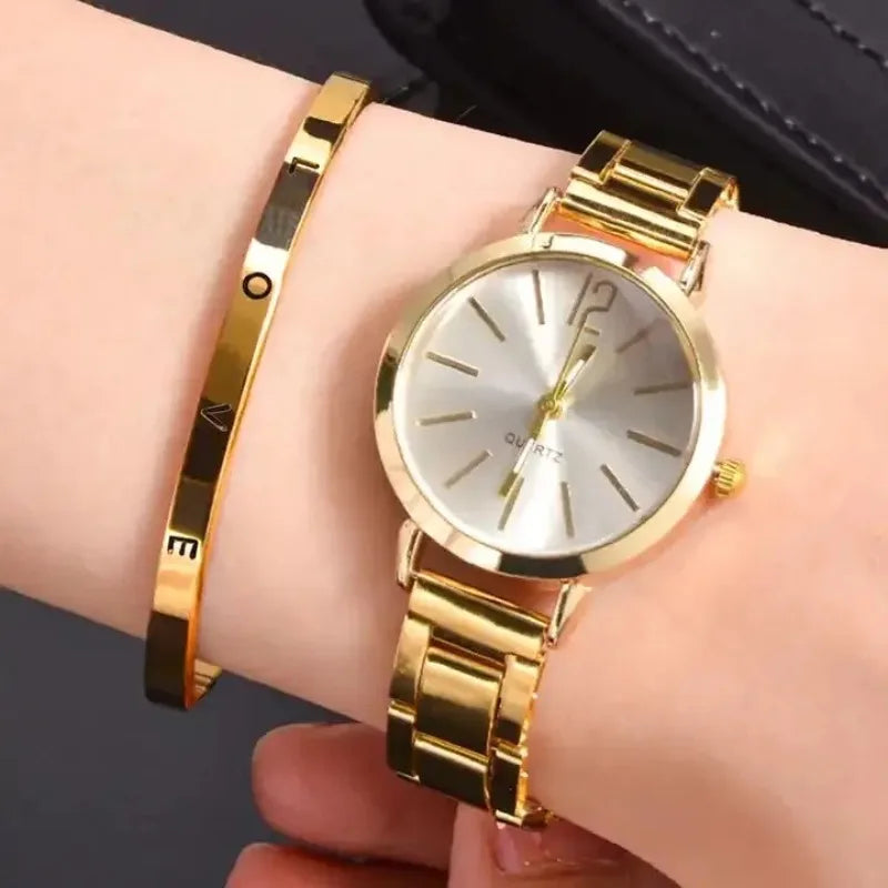 Coffret 2 Montres Femme Luxe — Cadran Simple Creux, Bracelet Or, Quartz Étudiante