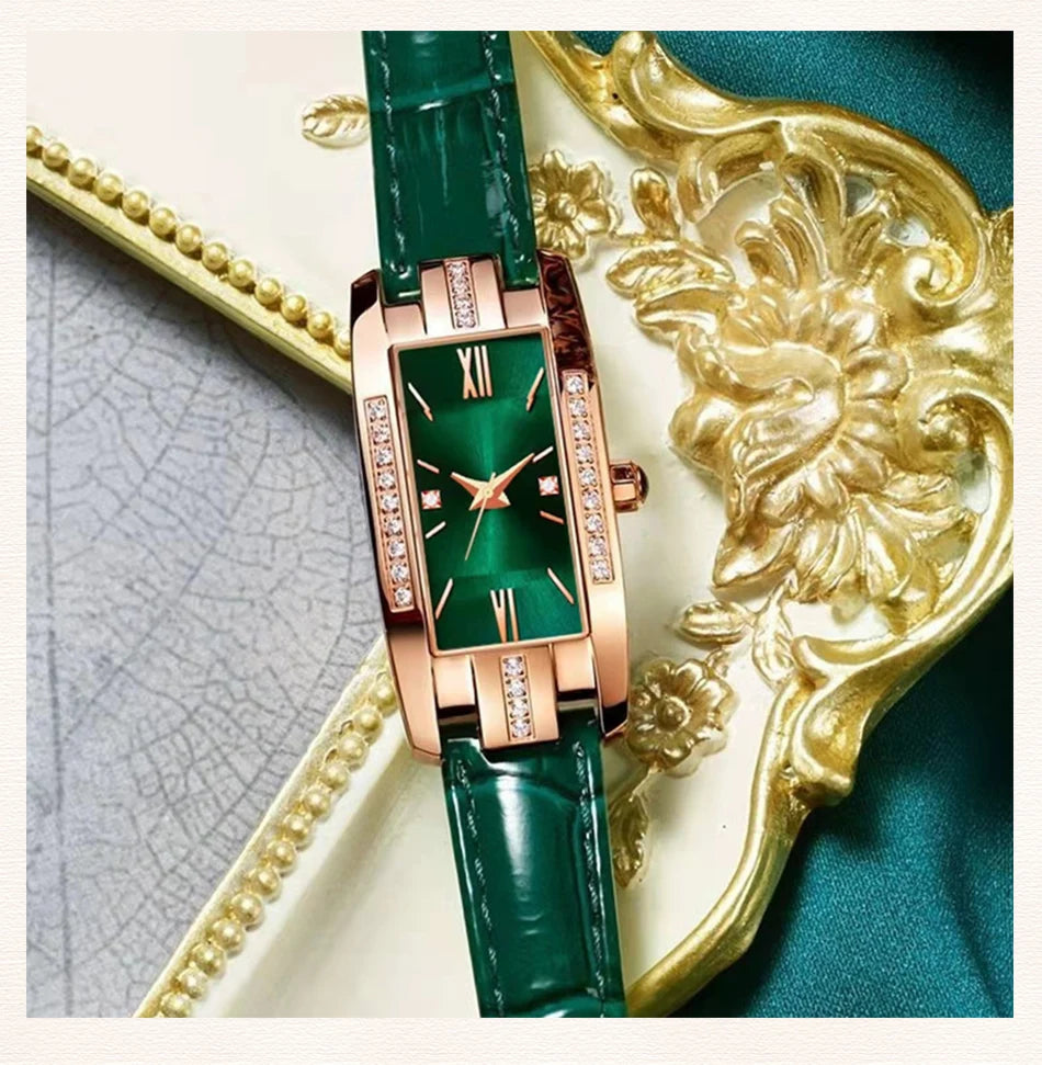 Montre Femme Carrée Quartz — Bracelet Cuir Vert, Cadran Simple, Luxe Fashion