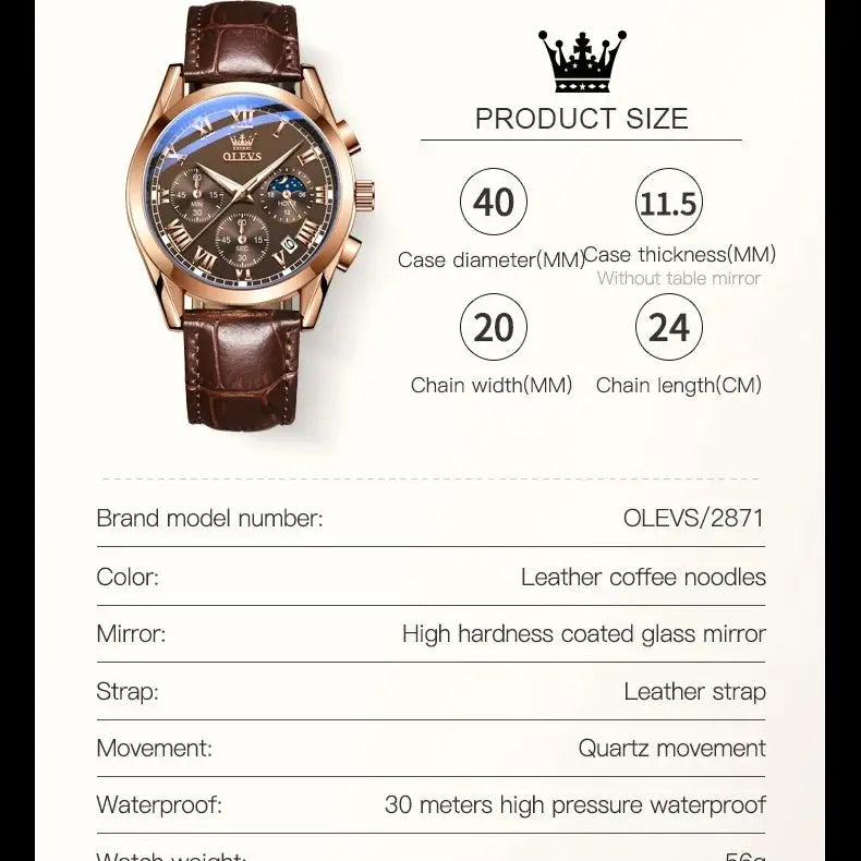 Montre Homme OLEVS 2871 Chronographe Phase de Lune — Étanche, Multifonction, Quartz Luxe