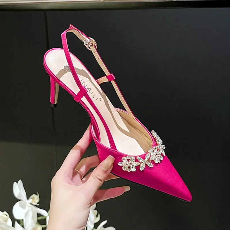 Escarpins Satin Strass Fleur Talon Haut Bleu — Bout Pointu, Bride Dos, Mariage Soirée