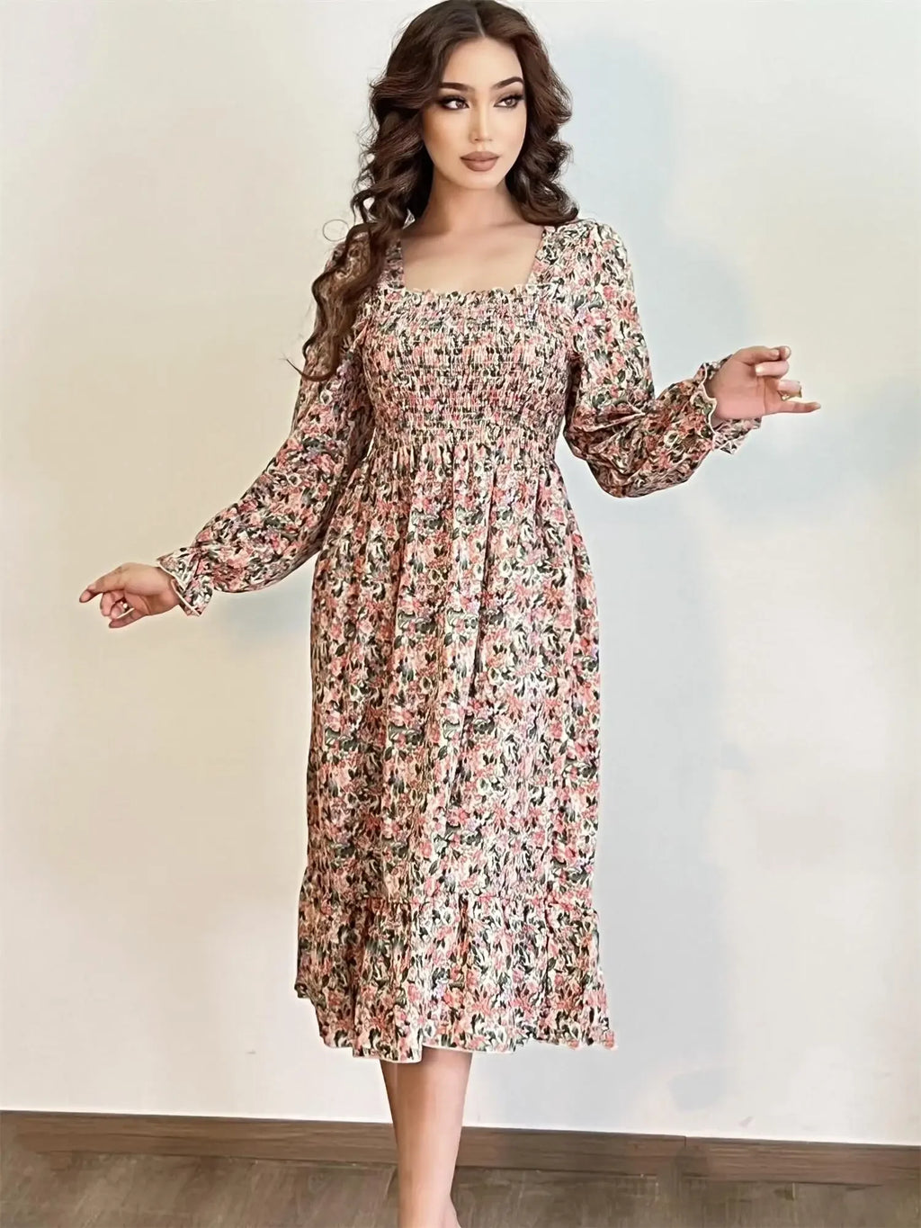 Robe Midi Femme Mousseline Manches Longues — Imprimé Floral Laçage