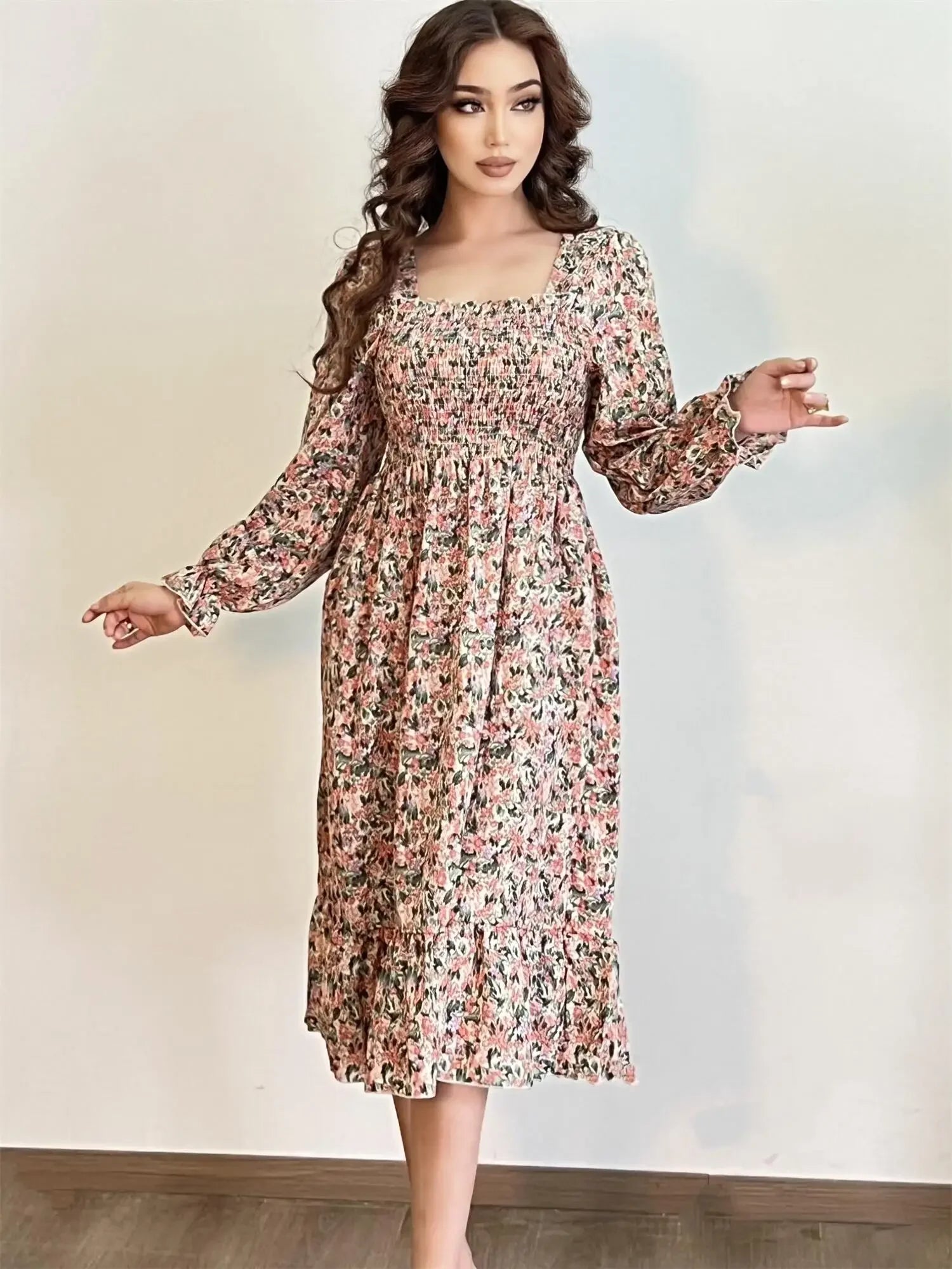 Robe Midi Femme Mousseline Manches Longues — Imprimé Floral Laçage