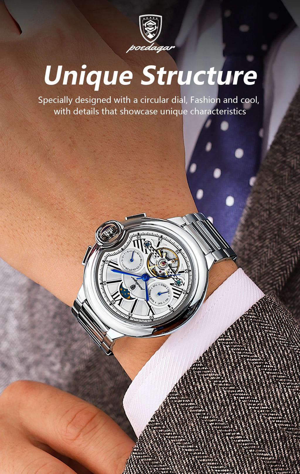 POEDAGAR Montre Automatique Homme Luxe — Tourbillon, Acier, Date & Semaine, Étanche