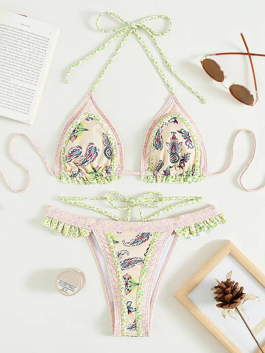 Bikini Halter Floral Volanté Femme — 2 Pièces, Tanga, Maillot de Bain Plage