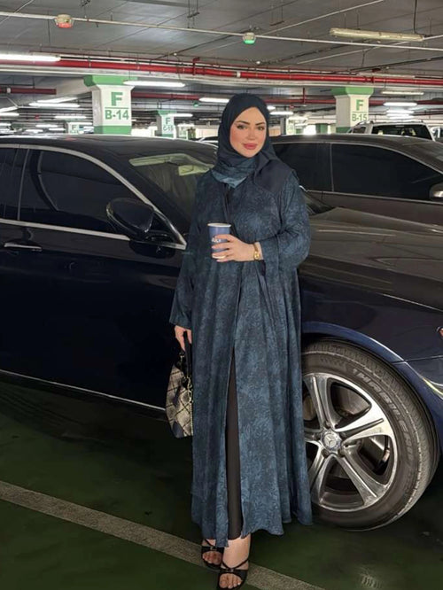 عباية طويلة بأكمام طويلة نسائية مسلمة - فستان مطبوع مع وشاح، الشرق الأوسط