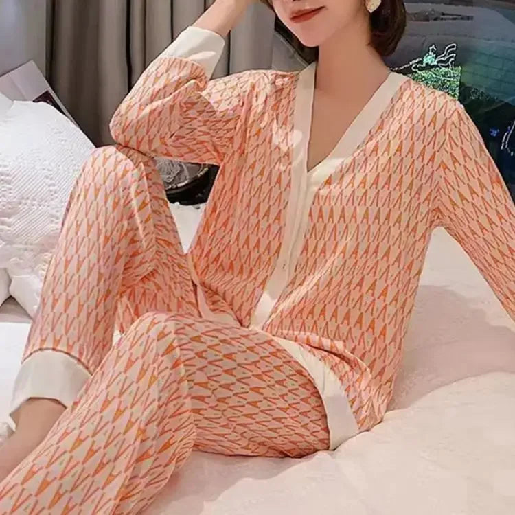 Pyjama Femme Soie Glacée 2 Pièces — Manches Longues, Ample & Confortable, Printemps-Été