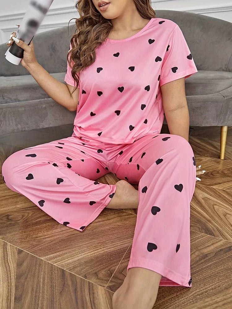 Pyjama Femme Grande Taille Imprimé Cœur — 2 Pièces Manches Courtes & Pantalon, Doux