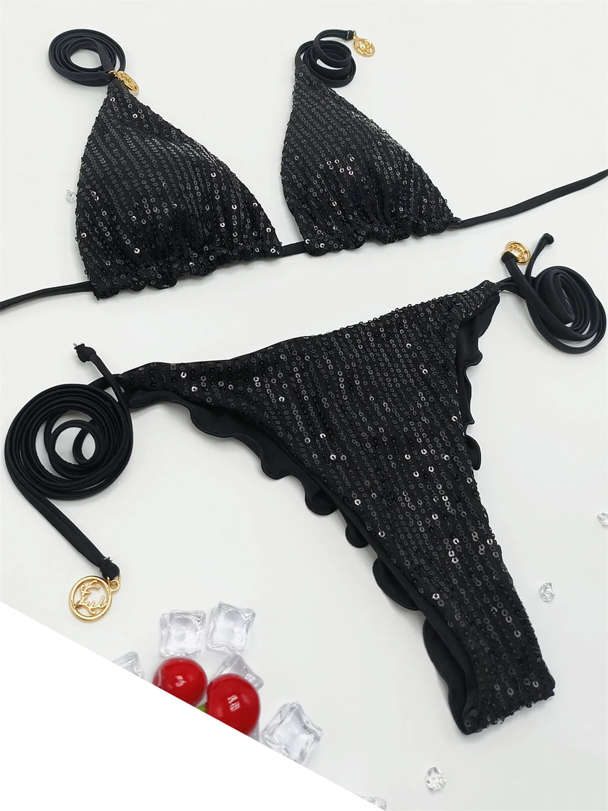 Bikini Paillettes Halter Sexy — Sequins Brillants, Maillot de Bain Femme Plage