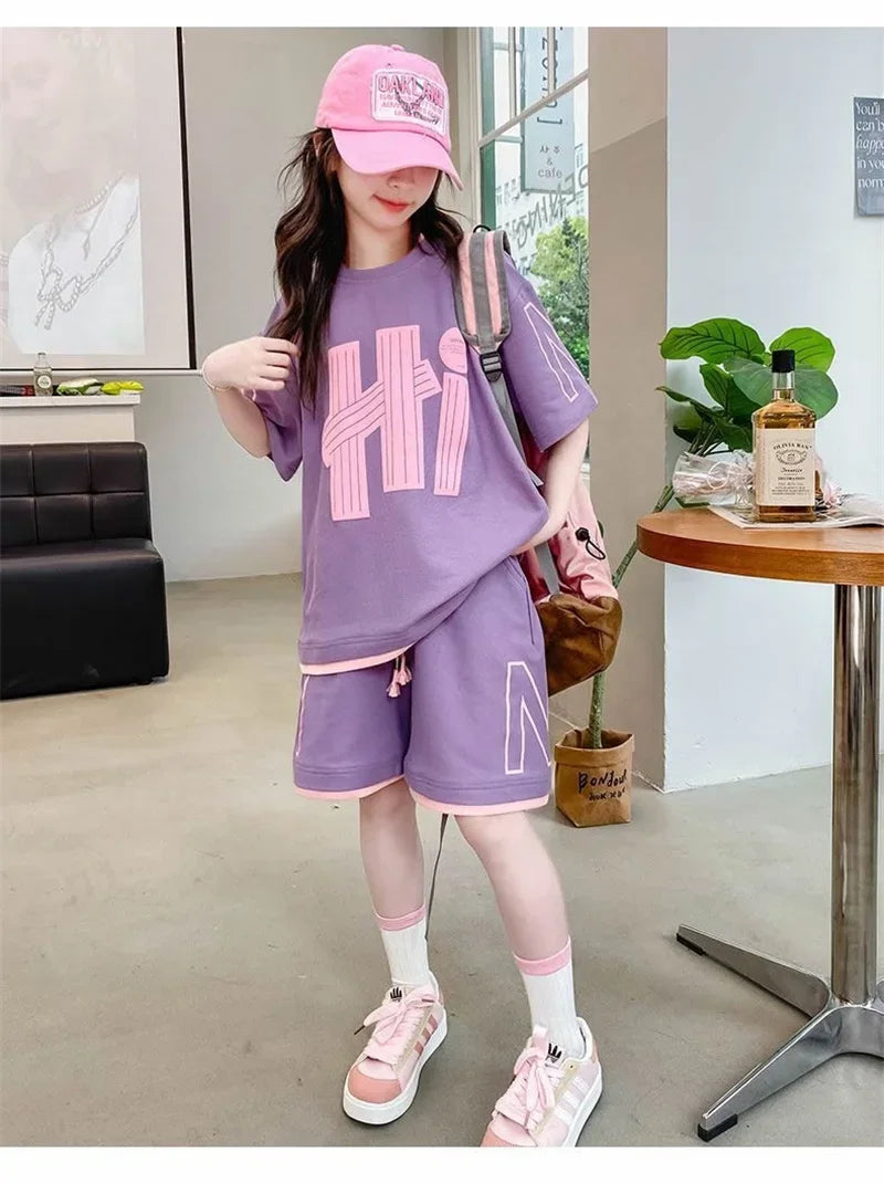 Ensemble 2 pièces filles – T-shirt manches courtes & short décontracté imprimé lettres, 5-14 ans