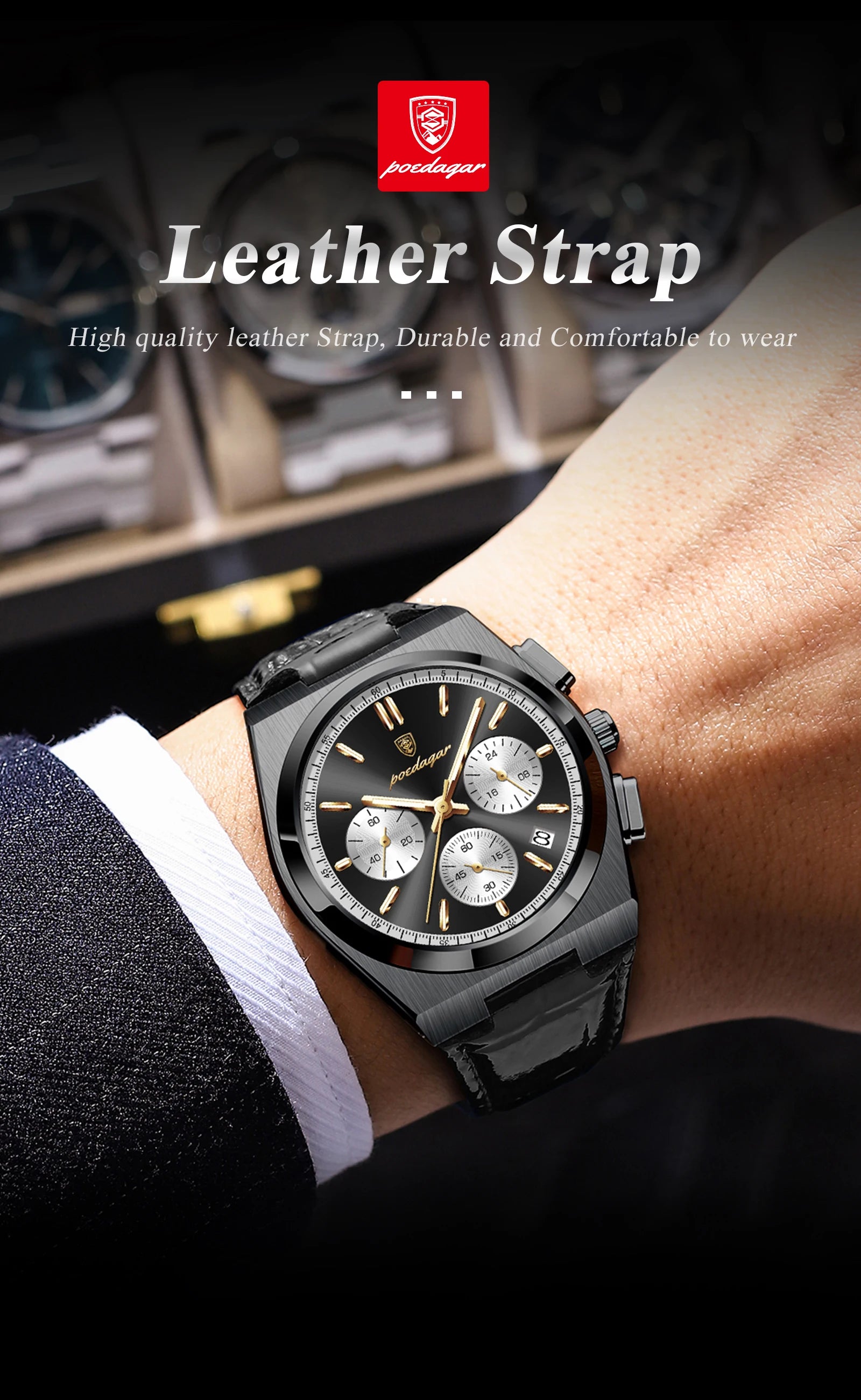 Montre Homme POEDAGAR Business Quartz — Étanche, Lumineux, Chronographe, Date, Sport