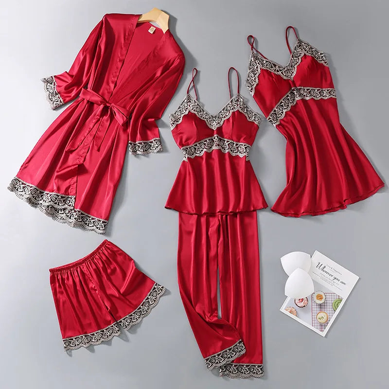 Ensemble Pyjama Femme 5 Pièces Grande Taille — Style Européen, Printemps-Automne