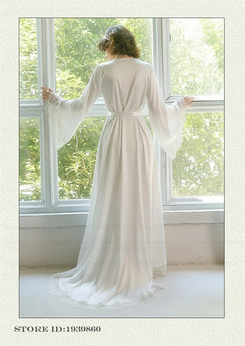 Robe de Chambre Mariée Blanche Dentelle Longue — Kimono Soie Glacée, Sexy Lounge