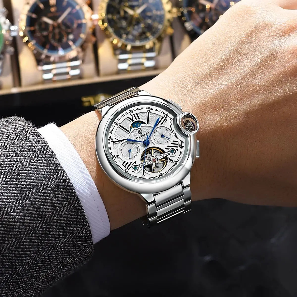 POEDAGAR Montre Automatique Homme Luxe — Tourbillon, Acier, Date & Semaine, Étanche