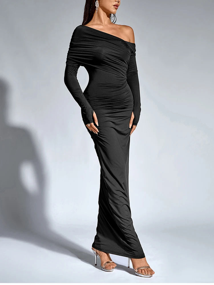 Robe Longue Asymmétrique Épaule Unique — Manches Longues, Bodycon Club, Automne