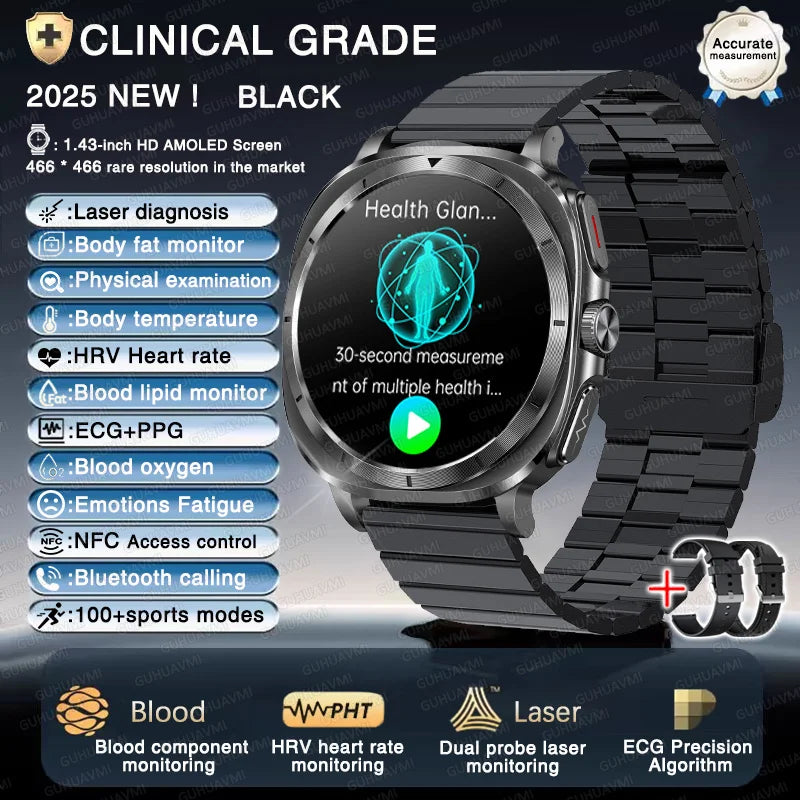 ساعة ذكية صحية بالليزر ECG 2025 — ضغط الدم، حمض اليوريك، NFC، مكالمات