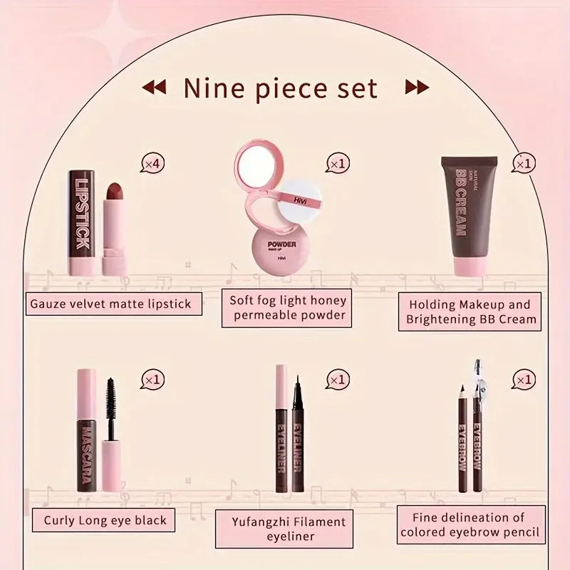 Coffret Maquillage 9 Pièces — Rouge à Lèvres, Poudre, Cadeau Saint-Valentin