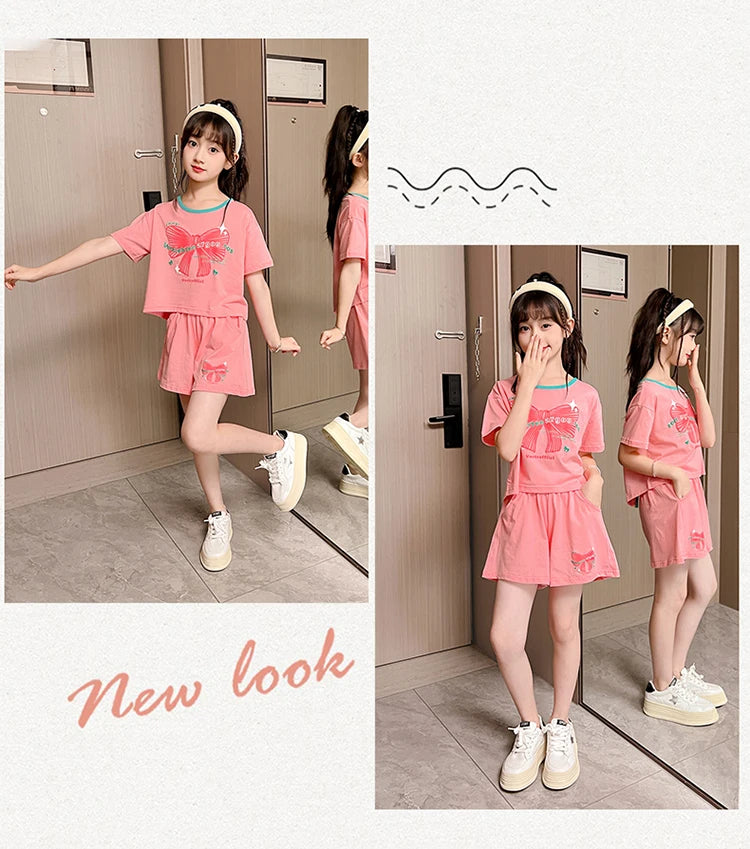 Ensemble 2 pièces filles – T-shirt imprimé nœud manches courtes & short sport, tenue été 2025