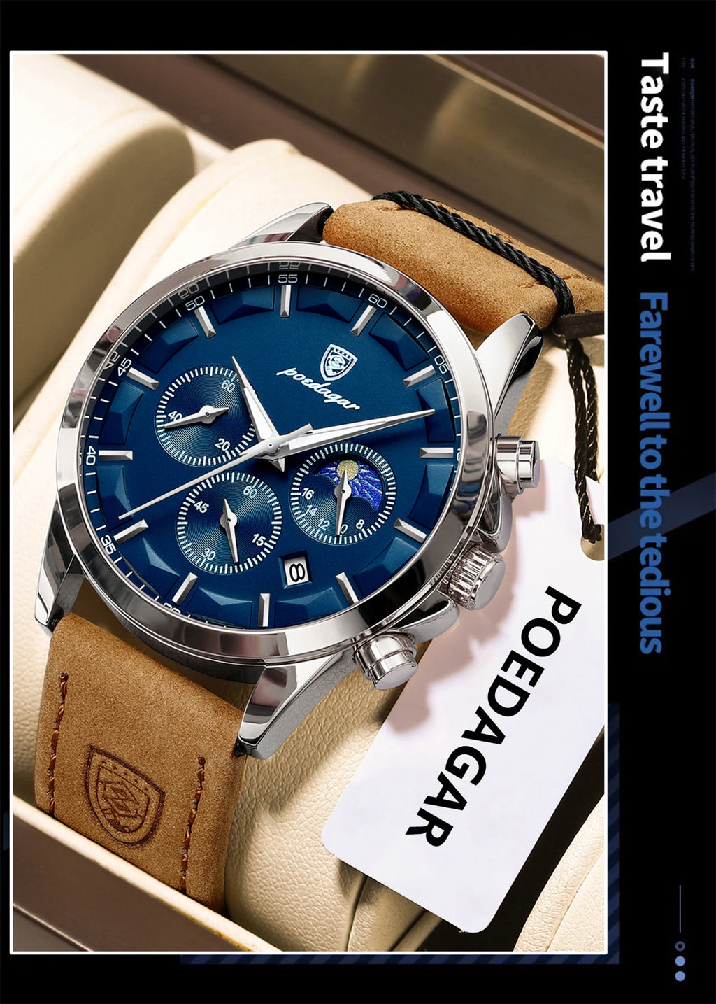 POEDAGAR Montre Homme Luxe Chronographe Cuir — Étanche, Lumineuse, Date, Sport Militaire