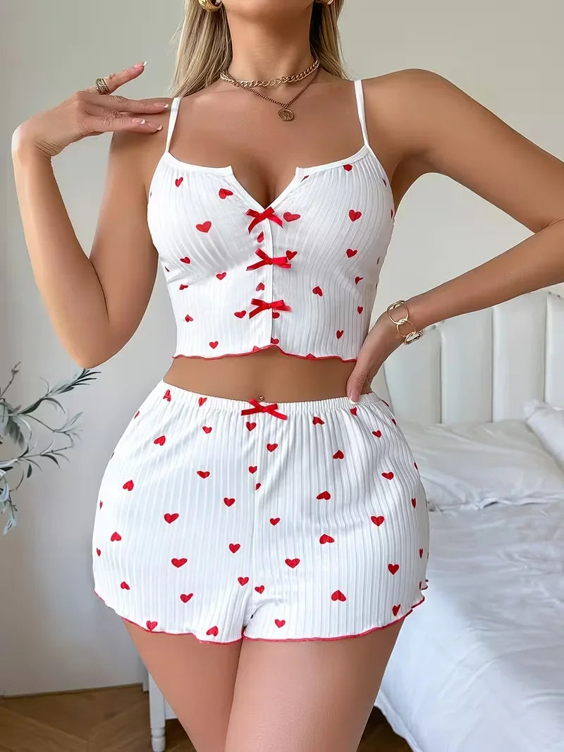 Pyjama Femme Imprimé Cœur Saint-Valentin — Top Court & Short, Tricot Doux Lounge