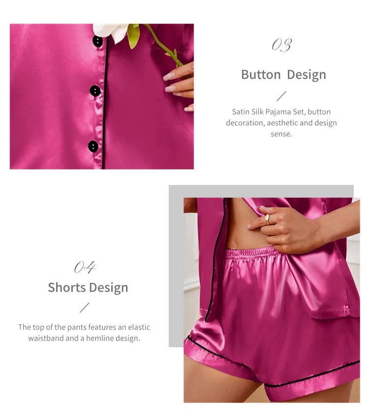Pyjama Femme Satin Luxueux — 2 Pièces Manches Courtes, Col Chemise, Été