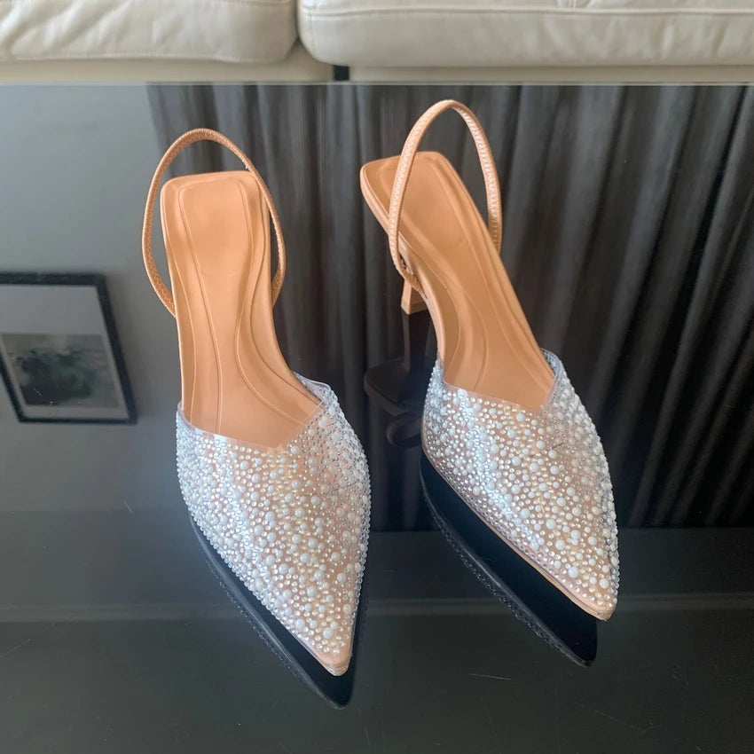 Escarpins Femme Perle Slingback 2024 — Bout Pointu, Talon Haut Élégant, Été