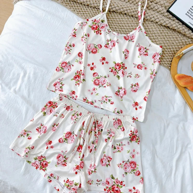 Pyjama Femme Soie Glacée Imprimé — Top Col Rond & Short, Respirant & Confortable