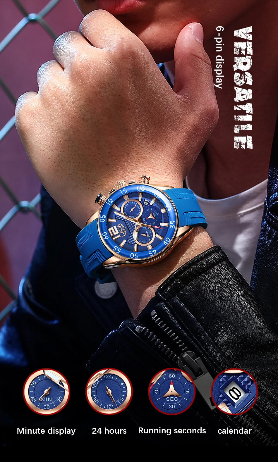 Montre Homme LIGE Sport Rouge Silicone — Étanche, Chronographe Quartz, Luxe