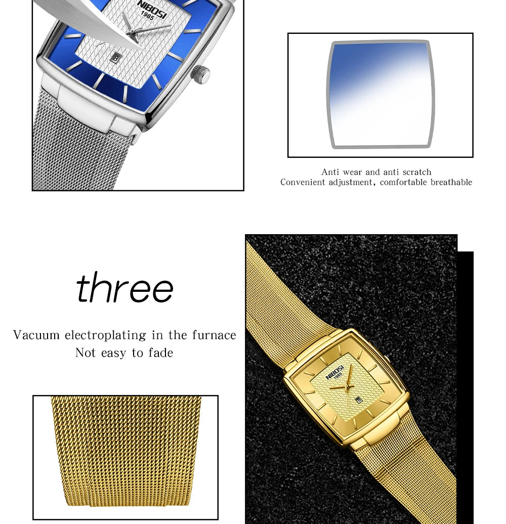 NIBOSI Montre Homme Luxe Carrée Quartz — Maille Ultra-Fine, Étanche, Lumineux
