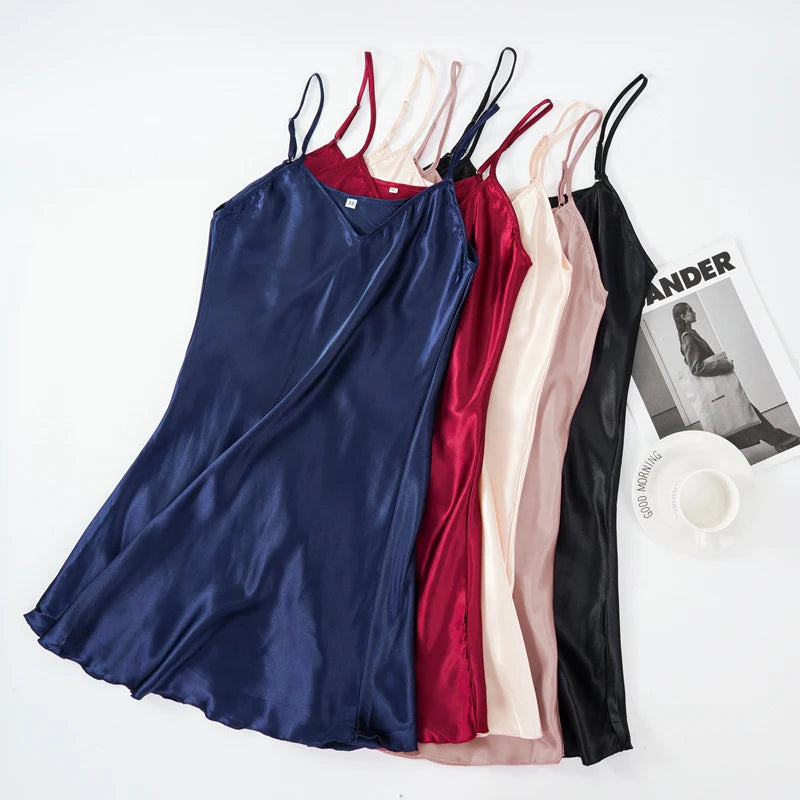 Nuisette Femme Col V Soie Fausse — Bretelles, Sans Manches, Sexy Satin Nuit