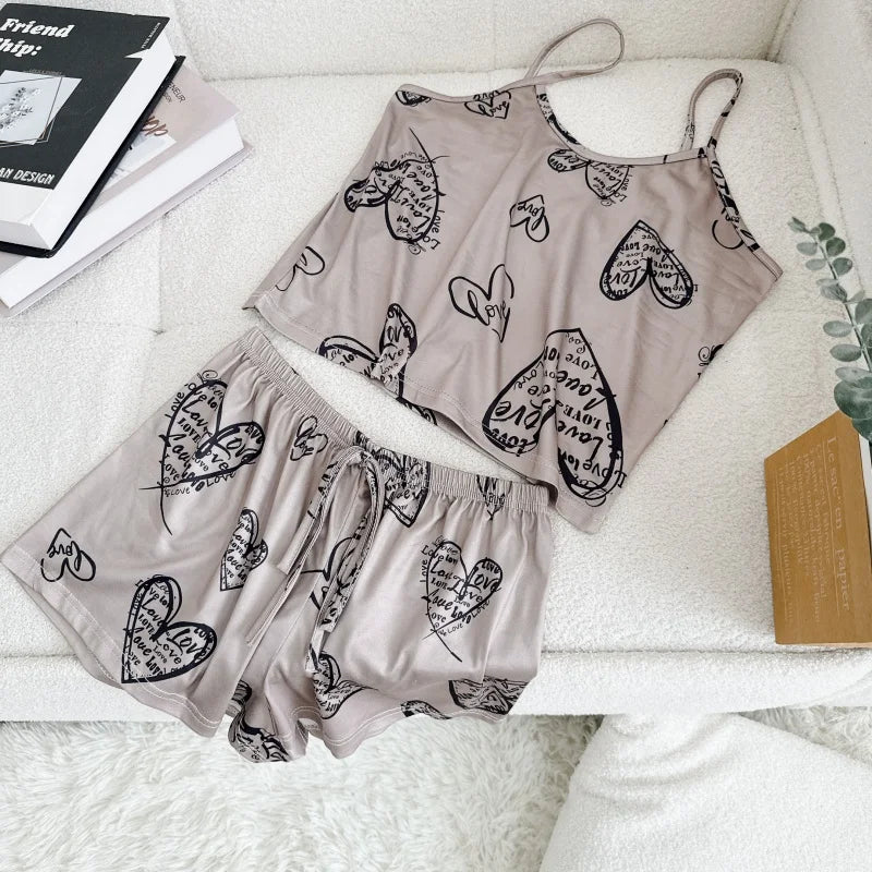 Pyjama Femme Soie Glacée Imprimé — Top Col Rond & Short, Respirant & Confortable