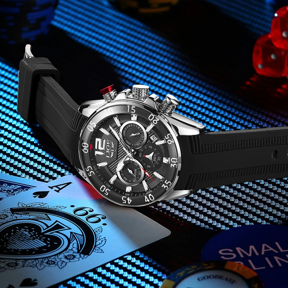 Montre Homme LIGE Sport Rouge Silicone — Étanche, Chronographe Quartz, Luxe