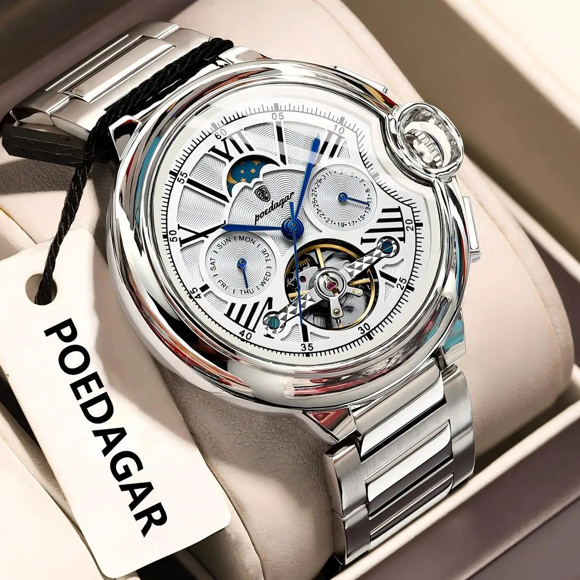 POEDAGAR Montre Automatique Homme Luxe — Tourbillon, Acier, Date & Semaine, Étanche