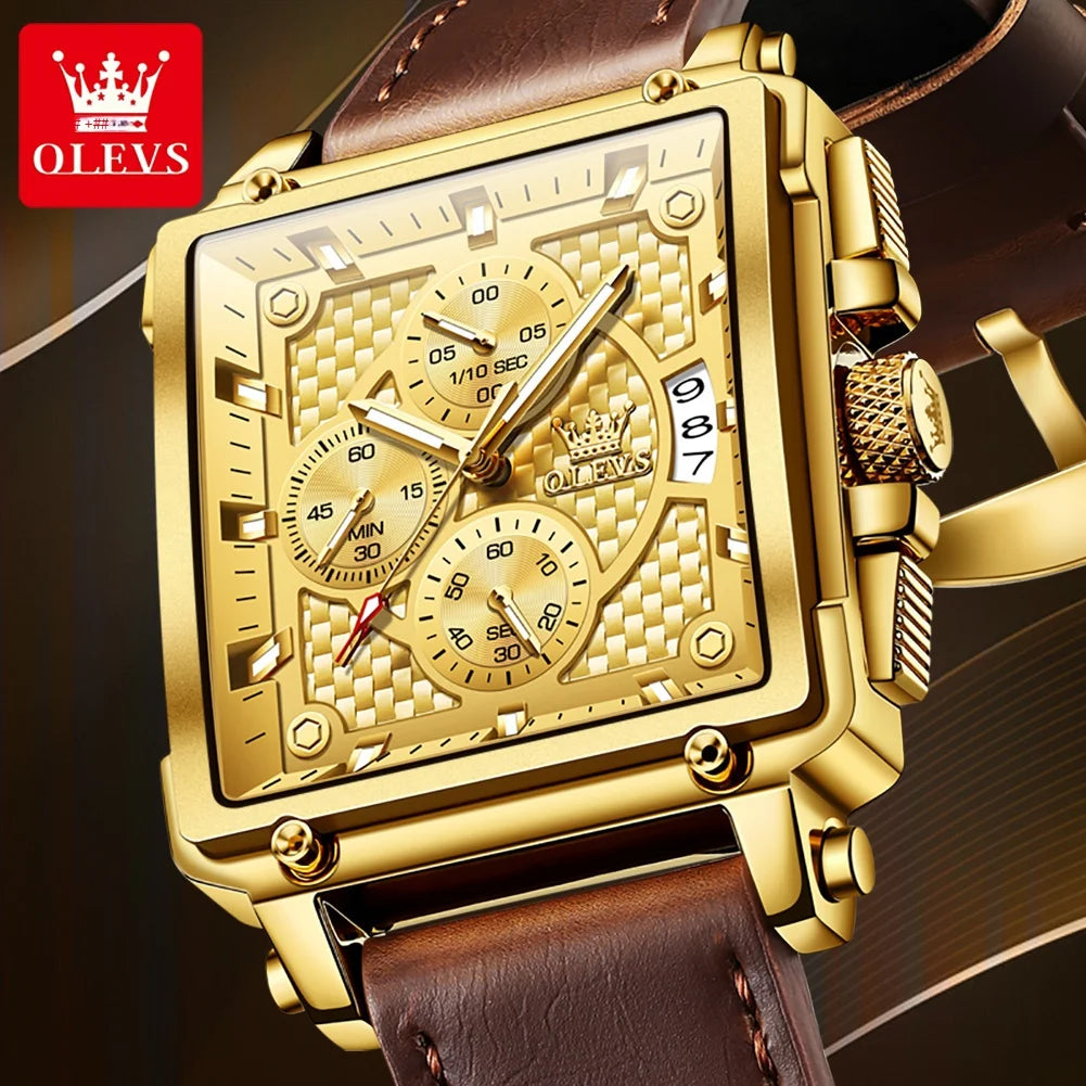 Montre Homme OLEVS Carrée Luxe Quartz — Étanche, Lumineux, Chronographe, Relogio