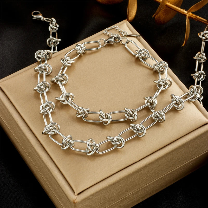 DIEYURO Parure Collier & Bracelet Nœud Torsadé Acier 316L — Or & Argent, Anti-Ternissement