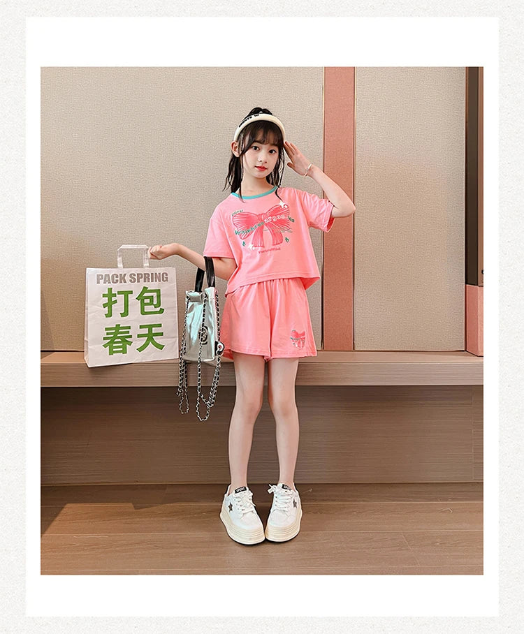 Ensemble 2 pièces filles – T-shirt imprimé nœud manches courtes & short sport, tenue été 2025