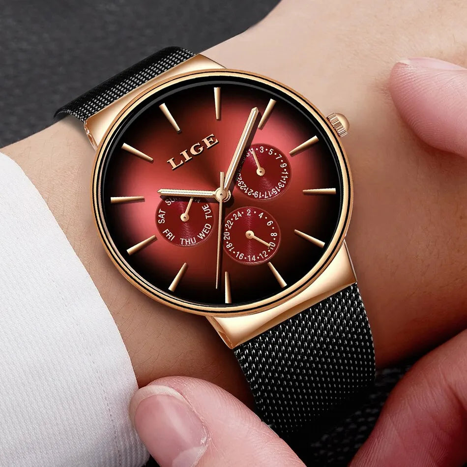 Montre Homme LIGE Luxe Quartz — Maille Acier Ultra-Fine, Étanche, Sport