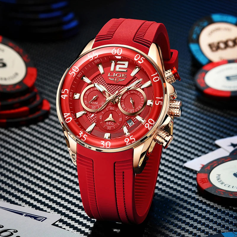 Montre Homme LIGE Sport Rouge Silicone — Étanche, Chronographe Quartz, Luxe