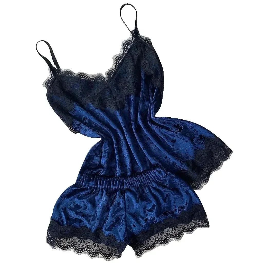 Pyjama Femme Dentelle Satin 2 Pièces — Top Court & Short, Sexy Lounge Été