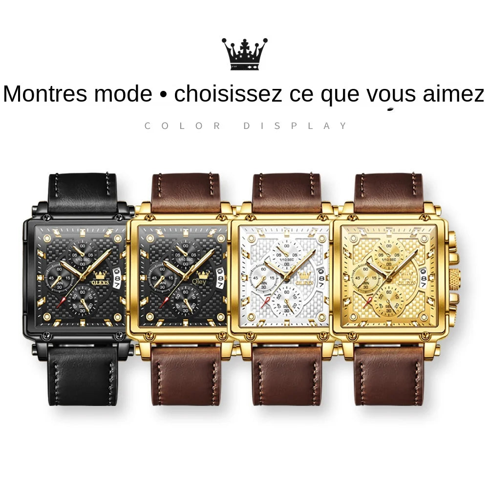 Montre Homme OLEVS Carrée Luxe Quartz — Étanche, Lumineux, Chronographe, Relogio