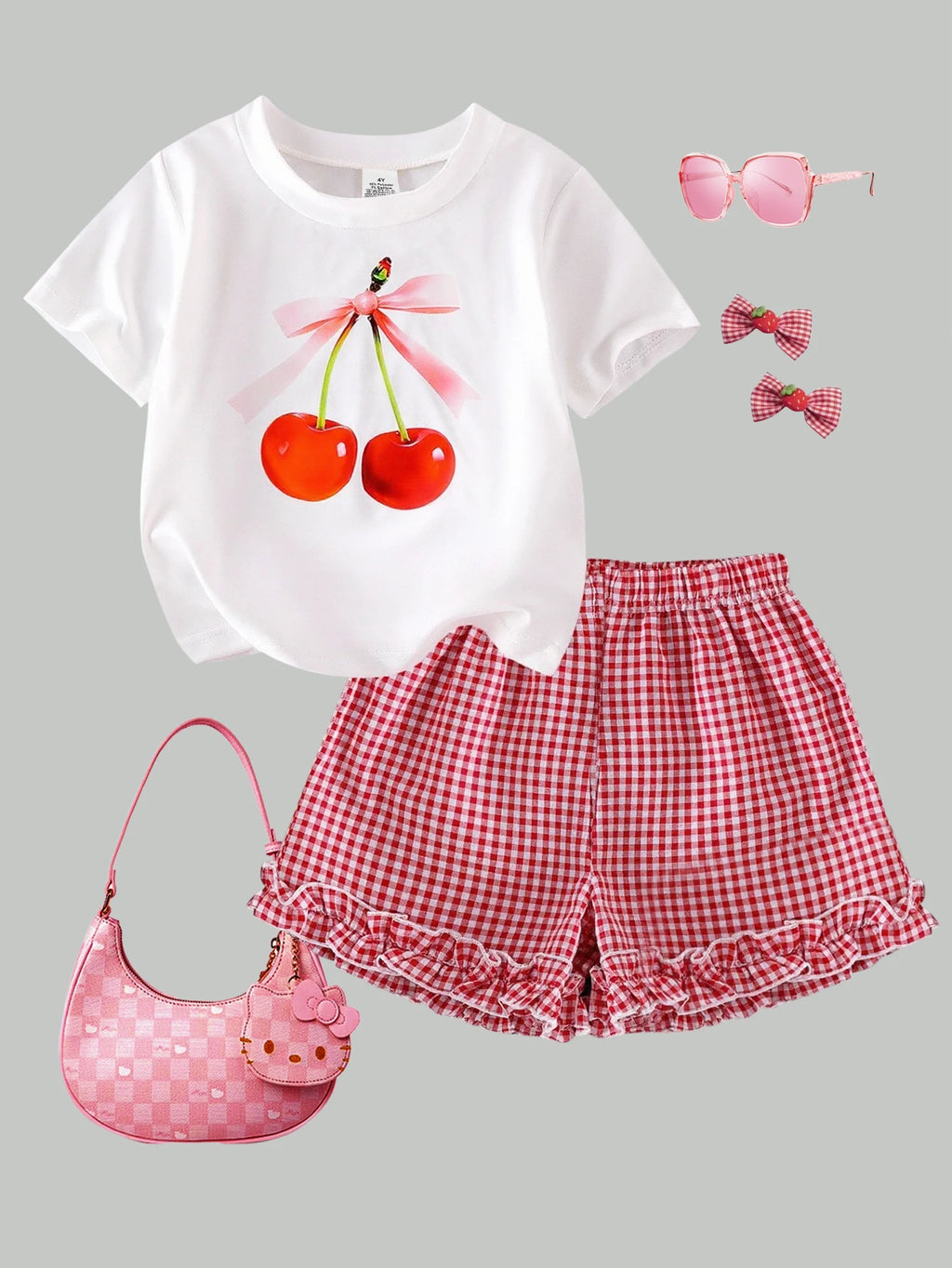Ensemble 2 pièces filles – Haut manches courtes imprimé cerises & short à carreaux avec dentelle, col rond, été