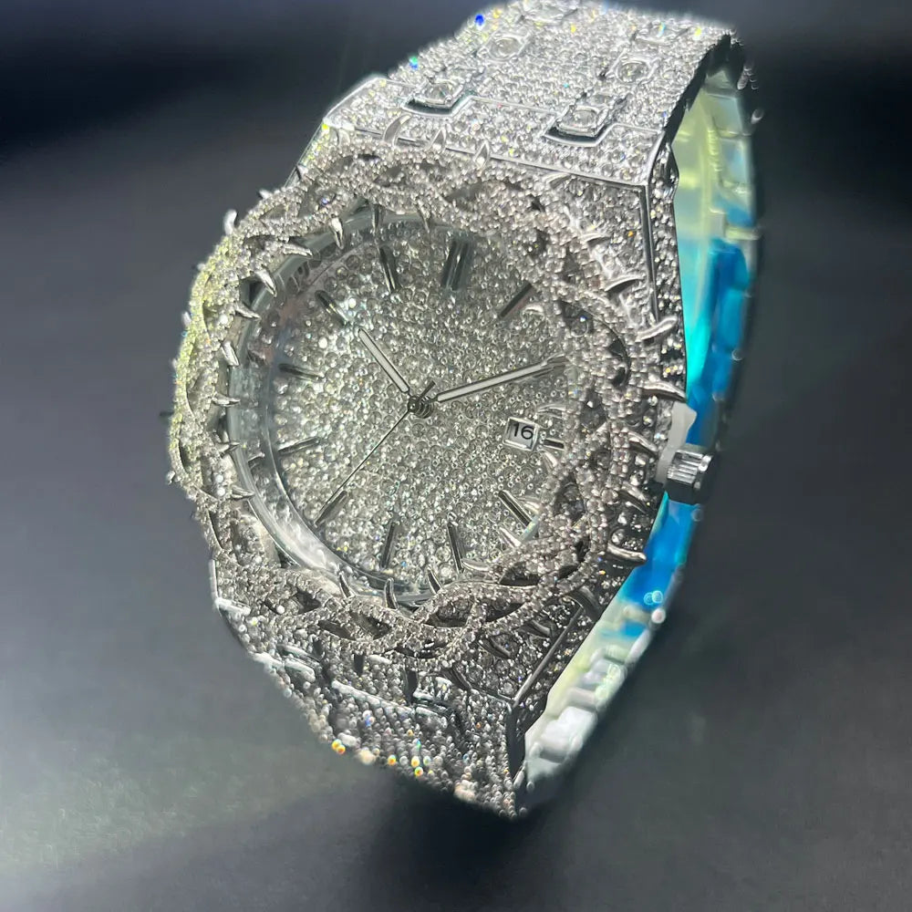 MISSFOX Montre Homme Noire Luxe — Couronne Diamant, Hip Hop, Quartz Glacé