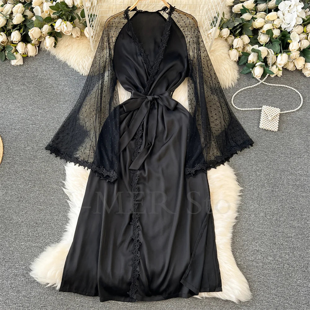 Robe de Chambre Kimono Dentelle Broderie — Longue, Satin Soie, Mariage & Nuit