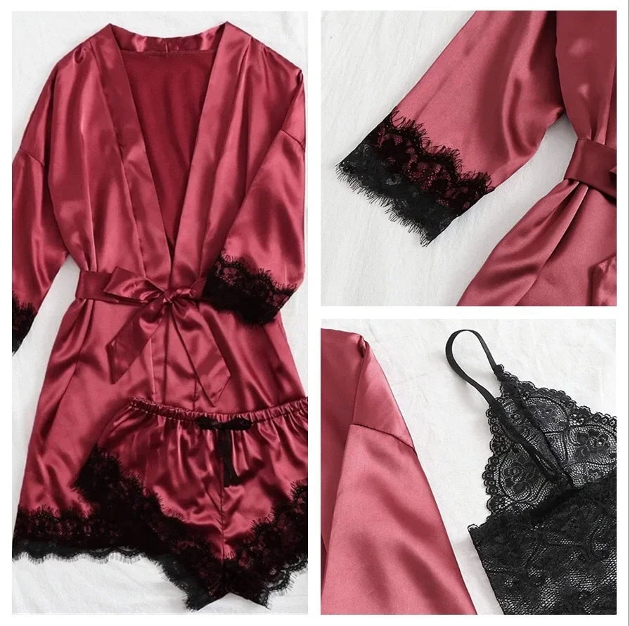 Ensemble Lingerie Femme 4 Pièces Dentelle — Nuisette, Short, Robe de Chambre, Sexy
