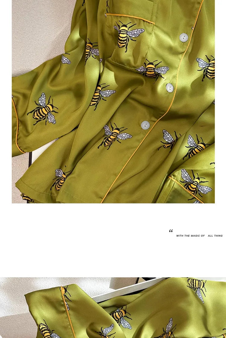 Pyjama Femme 2 Pièces Satin Imprimé — Manches Longues, Poche, Printemps-Automne